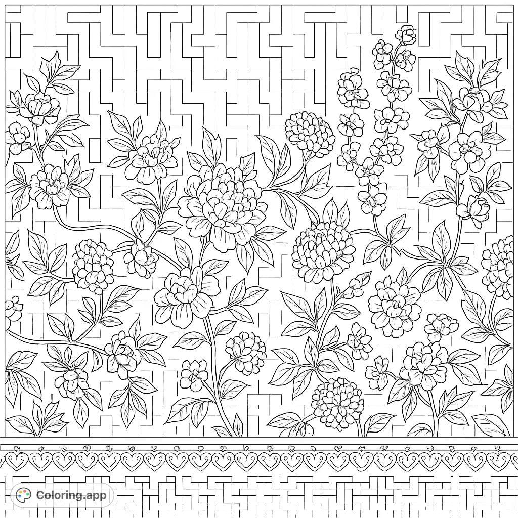An elegant floral border coloring page featuring intricate peonies, delicate blossoms, winding vines, and a decorative lower band, perfect for detailed coloring.