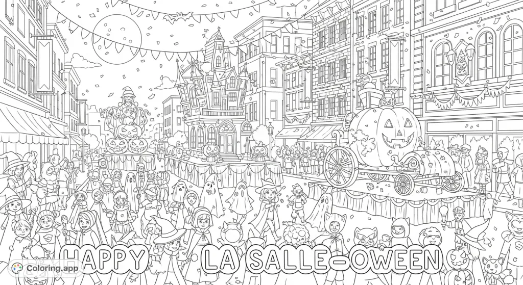 Immerse yourself in a festive Halloween parade coloring page, featuring diverse costumed characters, elaborate floats, and a lively street scene under a moonlit sky.