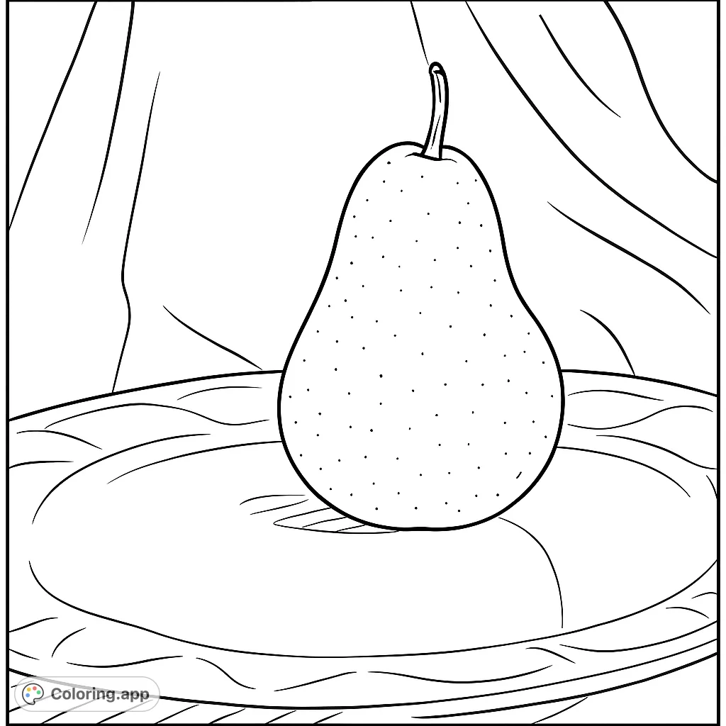 A delightful pear coloring page, perfect for all ages. Features a single, elegant pear on a patterned plate, ready for your creative touch.