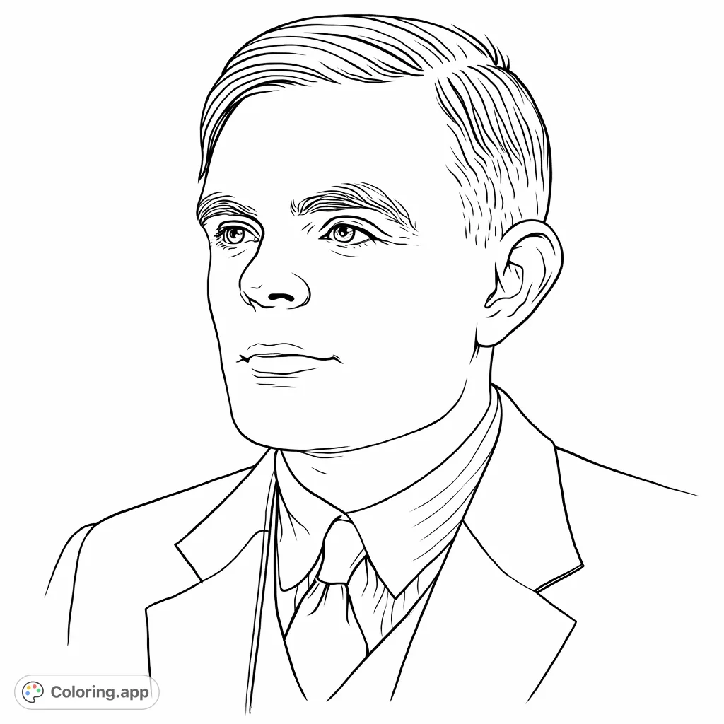 Capture the intellectual depth of Alan Turing with this detailed portrait coloring page. Explore a legendary figure who shaped the modern world.