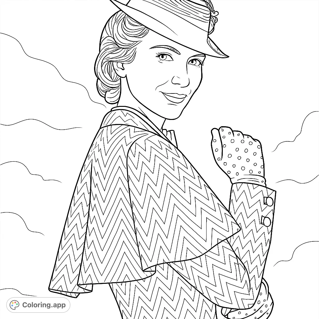 A charming woman in a stylish hat and patterned coat, with polka-dotted gloves, offers a warm smile. Perfect for fans of classic tales and elegant fashion.