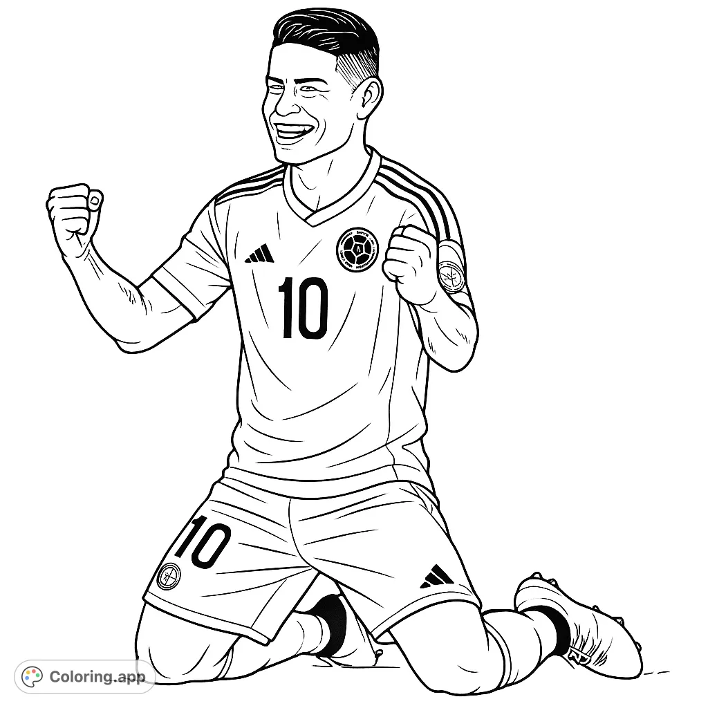 Celebrate victory with this dynamic soccer player coloring page! Features a star athlete kneeling in triumph, perfect for sports fans of all ages.