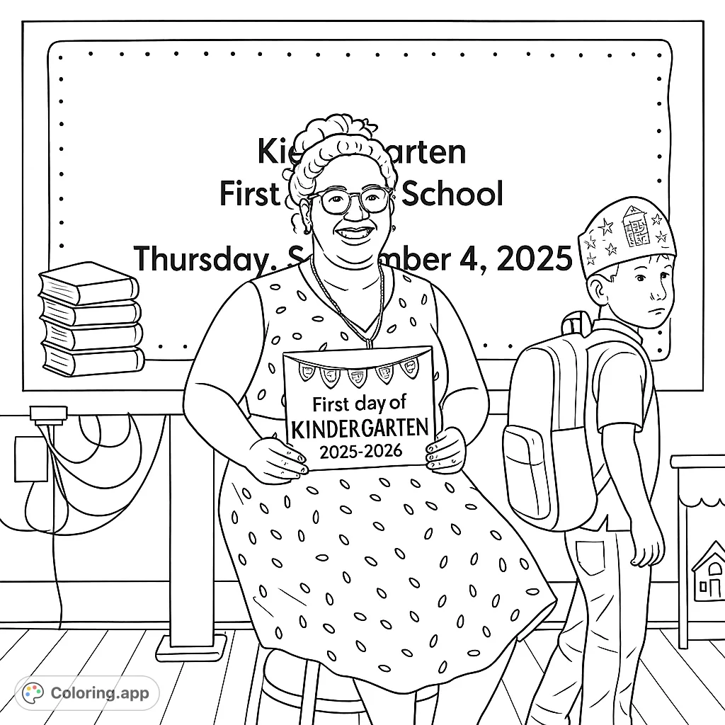 Celebrate the first day of kindergarten with a smiling teacher and a new student, ready for school. Features a welcome sign and school-themed elements.