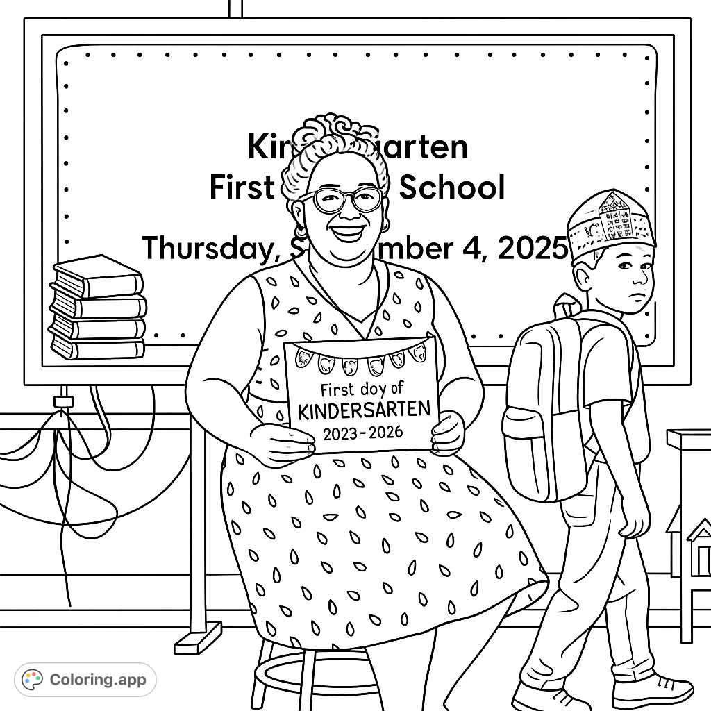 Celebrate the first day of kindergarten with a smiling teacher and a new student, ready for school. Features a welcome sign and school-themed elements.