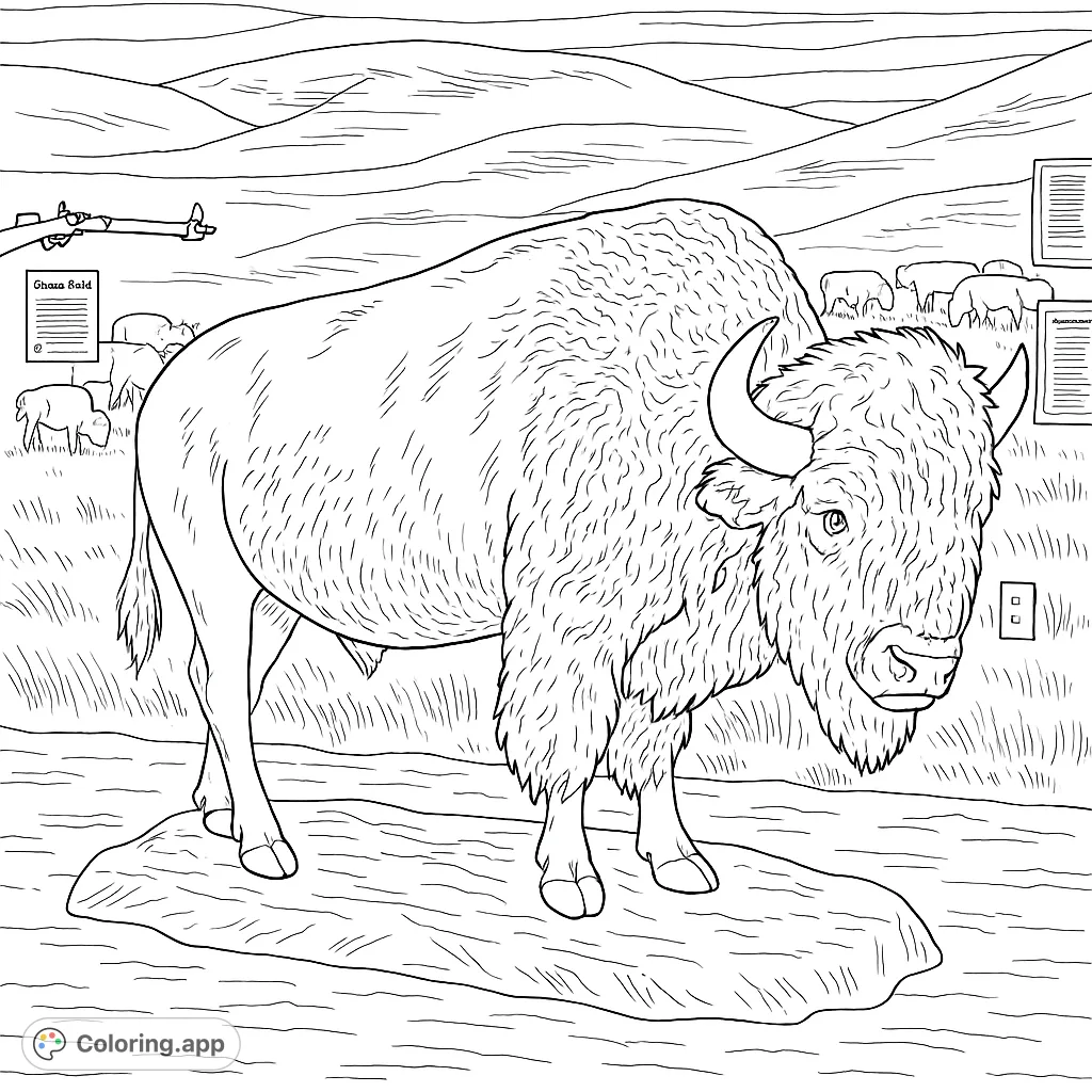 A powerful bison stands proudly in a prairie landscape, with rolling hills and a distant herd. Perfect for nature and animal enthusiasts.