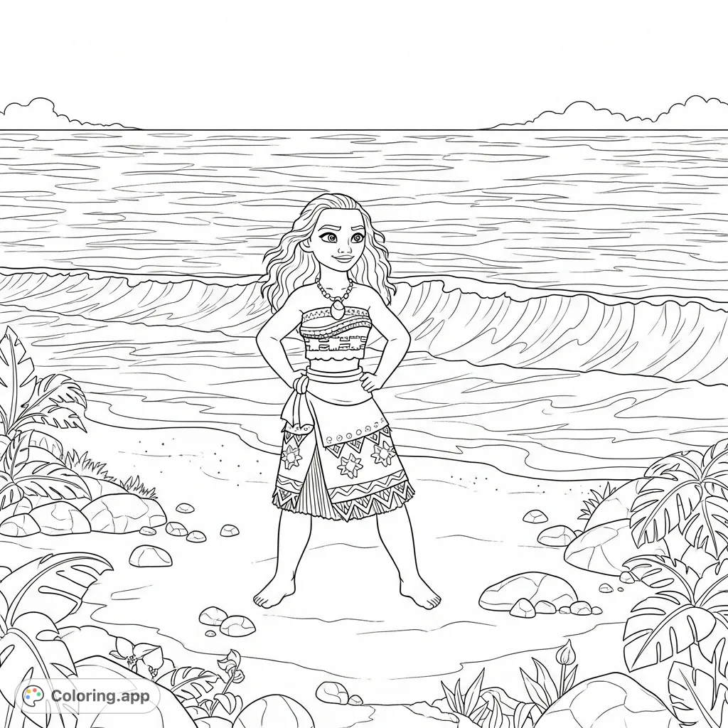 Color Moana on a serene tropical island shore, gazing at the vast ocean. A beautiful scene for fans of adventure and island life.