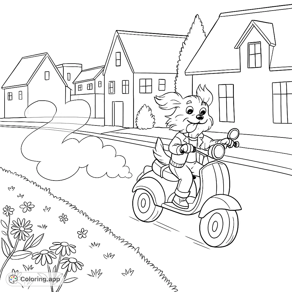 A playful dog speeds down a suburban street on a scooter, tongue out, with houses and flowers in the background. A fun, dynamic scene for all ages.