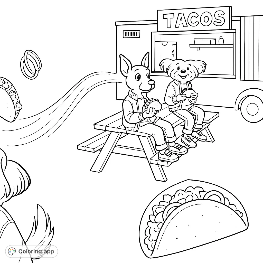 Two friendly dogs enjoy a meal at a vibrant taco truck, with a flying taco adding a whimsical touch. A fun food-themed coloring page for all ages.