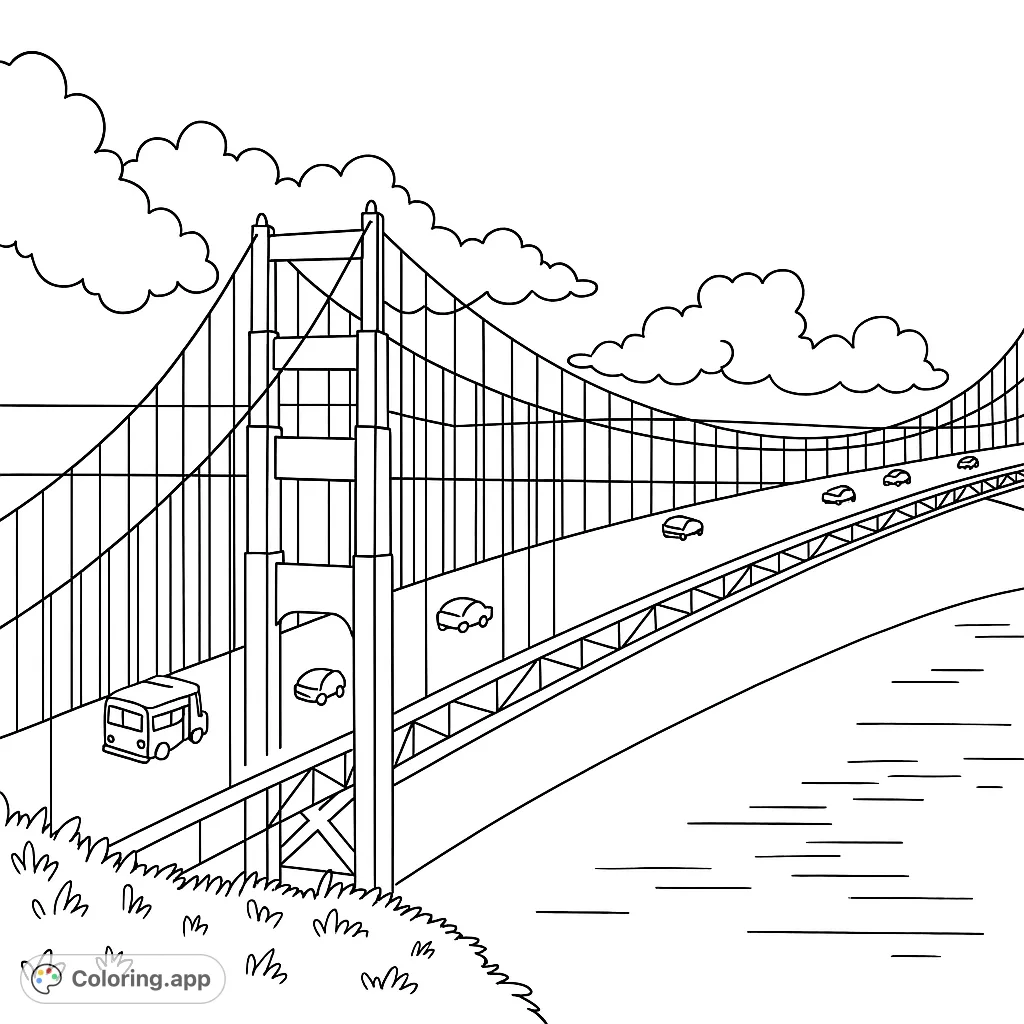 Color a majestic suspension bridge scene with cars, water, and clouds. A perfect free printable bridge coloring page for all ages!