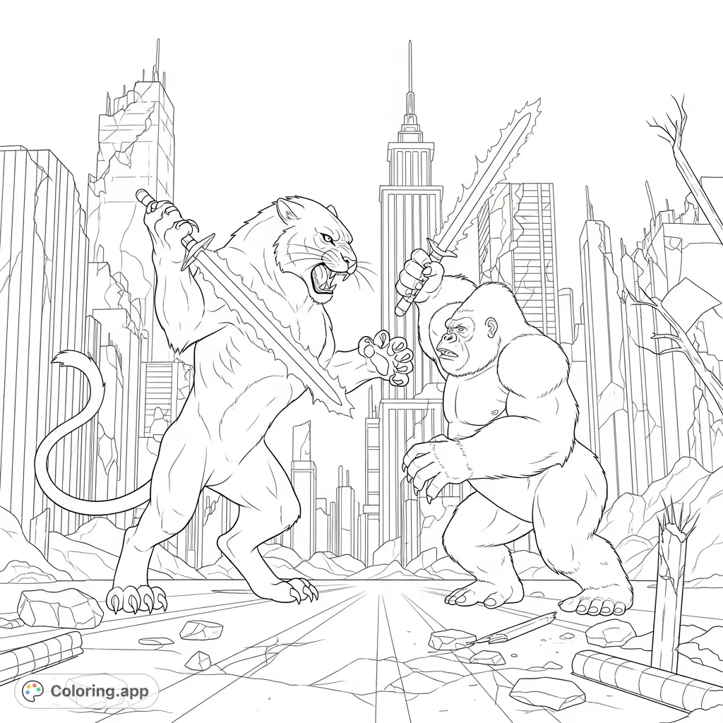 Catzilla Color Page Apocalyptic Cat vs. Gorilla Battle - Coloring.app