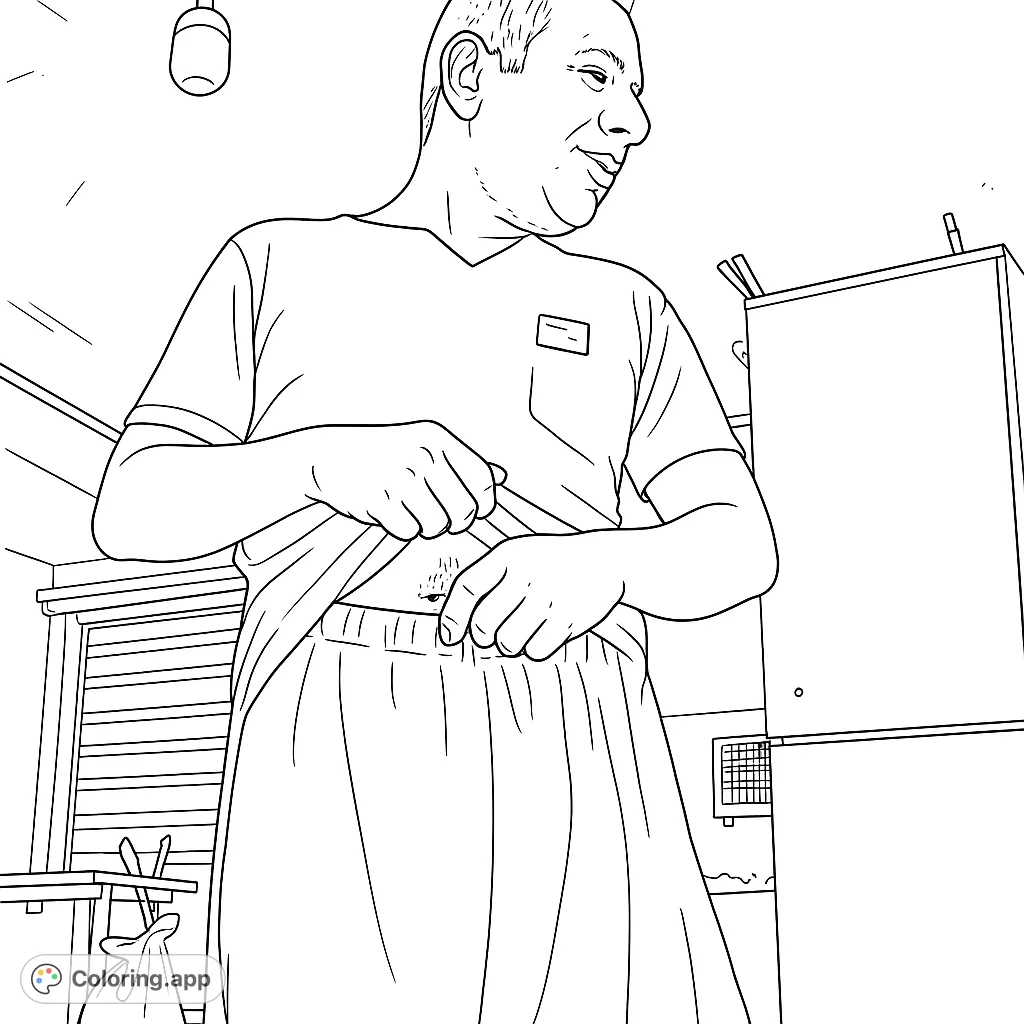 A man stands in an indoor setting, adjusting his lower garment. This detailed coloring page offers a unique scene for adult colorists to explore.