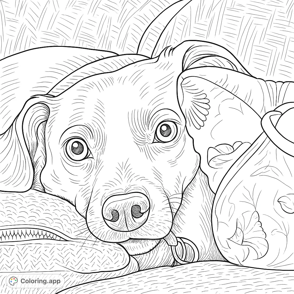 A heartwarming coloring page featuring a sweet dog resting cozily with its favorite plush toy on a soft cushion. Perfect for animal lovers.
