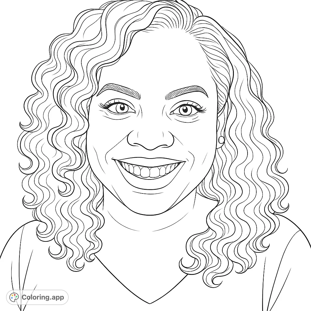 Capture the warmth of a smiling woman with voluminous curly hair in this realistic portrait coloring page. Perfect for detailed shading and personal expression.
