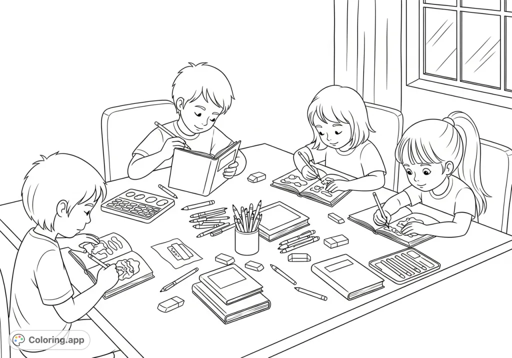 A delightful scene of four children engaged in coloring their school supplies and books around a table, fostering creativity and focus. Perfect for young artists.