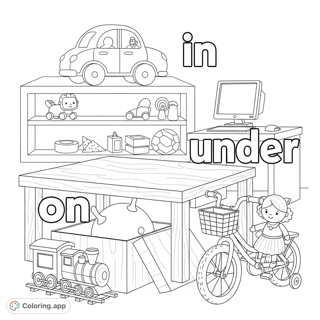 Explore a fun playroom with toys and learn prepositions! Features a car, ball, bike, train, computer, and doll, illustrating "in," "on," "under."