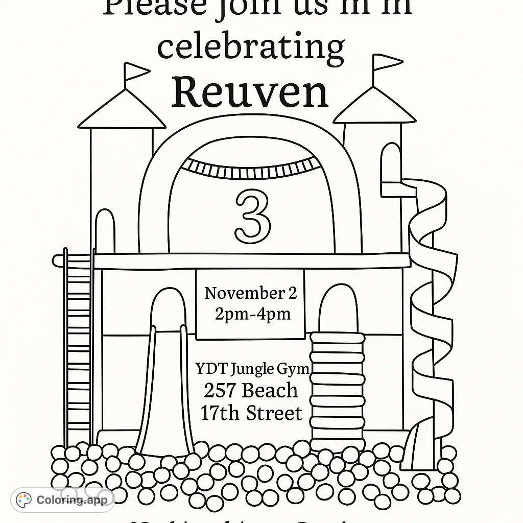 A delightful coloring page featuring a multi-level castle play structure with slides, towers, and a fun ball pit, perfect for imaginative play.