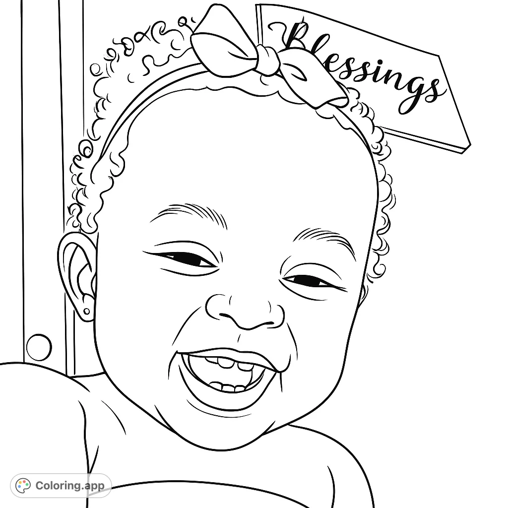 Capture the pure joy of a smiling baby with a cute bow. A delightful and heartwarming baby coloring page perfect for all ages.