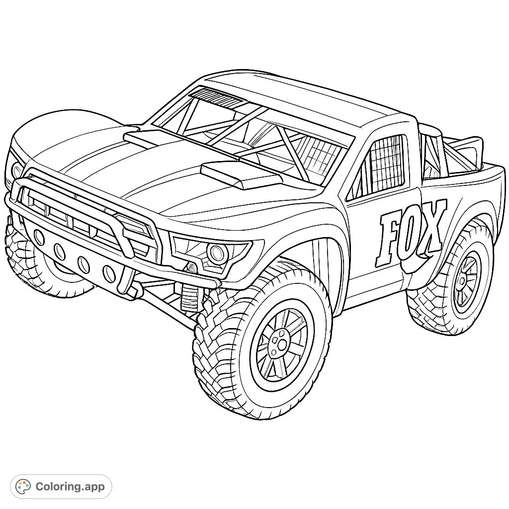 Unleash your creativity with this detailed off-road RC racing truck coloring page, perfect for vehicle enthusiasts and hobbyists of all ages.