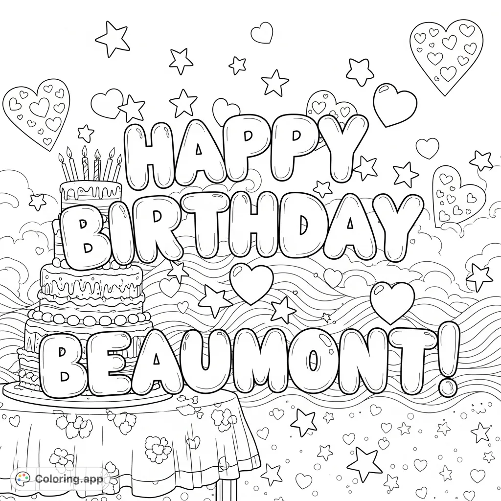 Celebrate a special day with this 'Happy Birthday Beaumont!' coloring page. Features playful bubble letters, stars, hearts, and a festive birthday cake with candles.