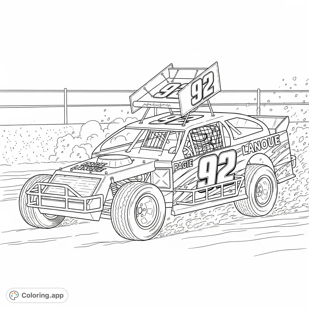 Experience the thrill of the race with this dynamic dirt thunder stock car coloring page, featuring car number 92 and driver Pagie Lanoue in action!
