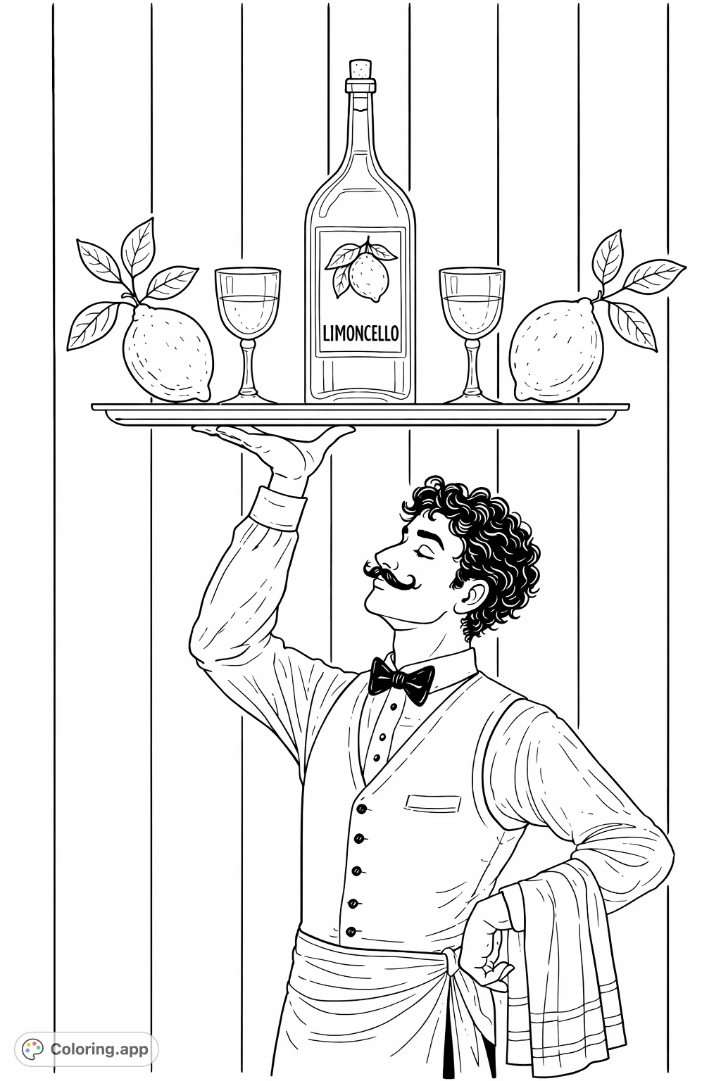 An elegant waiter presents a tray with a Limoncello bottle, glasses, and fresh citrus fruits against a striped background. A sophisticated scene for coloring.