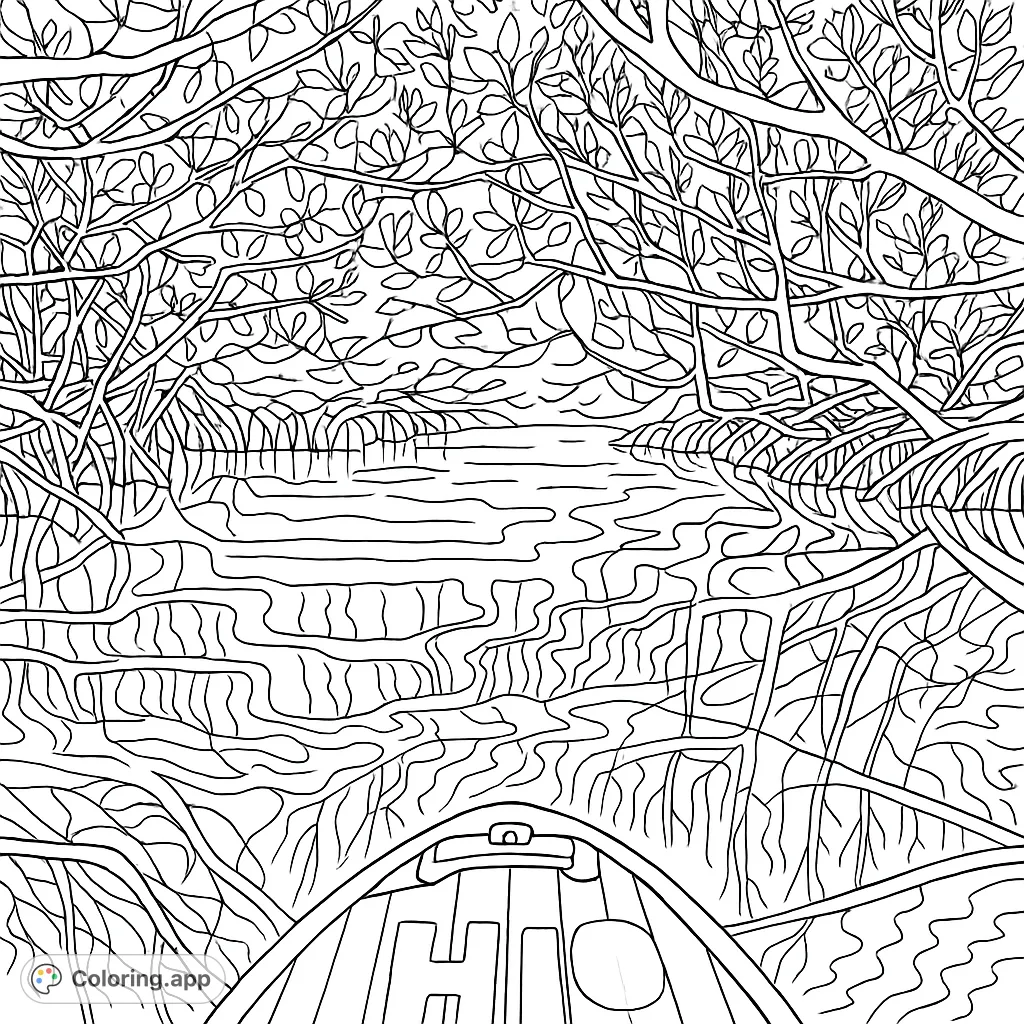 Explore a tranquil mangrove waterway from a paddleboard, with intricate roots, dense foliage, and captivating water reflections.