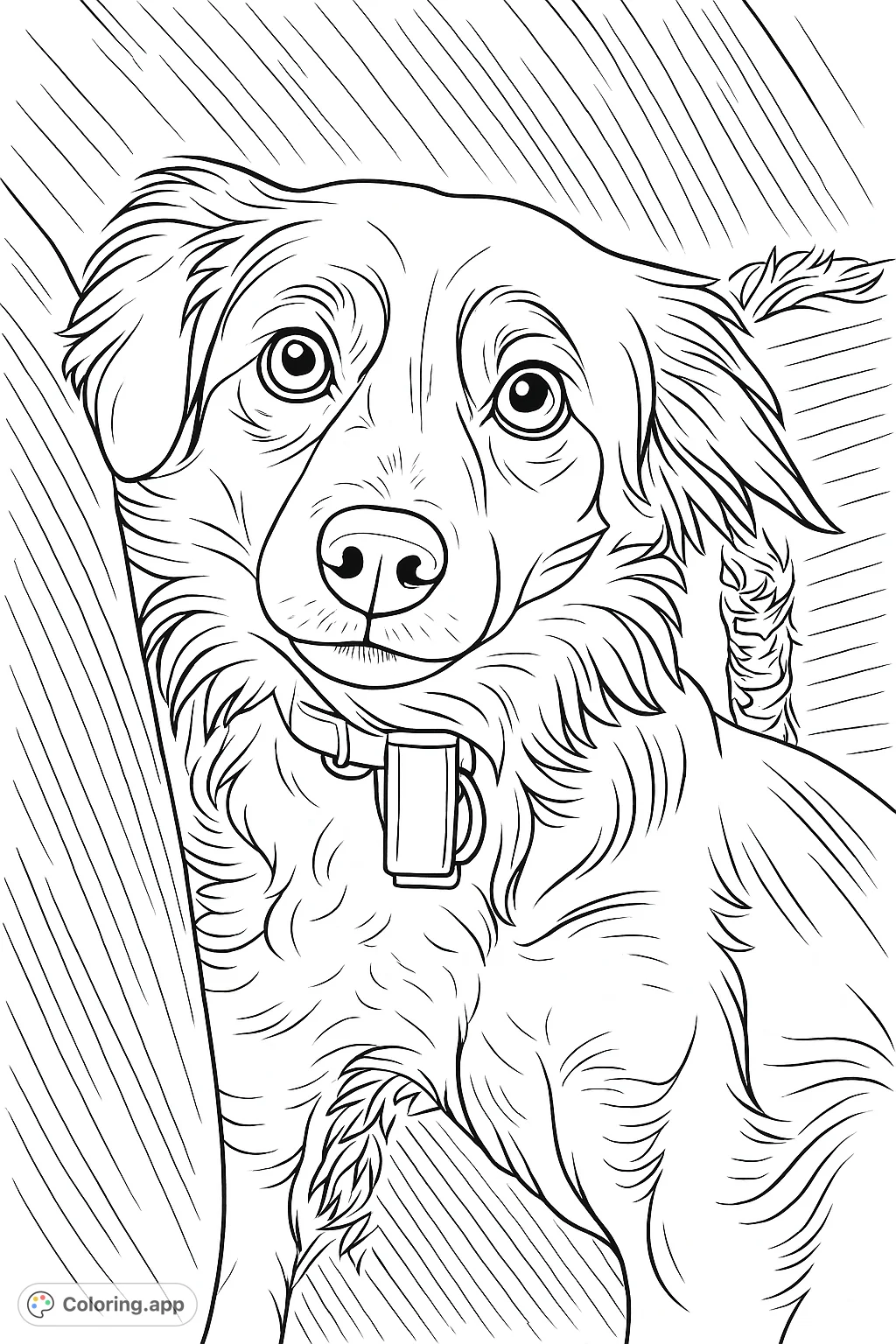 Capture the charm of a sweet, attentive dog resting on a textured surface. This delightful dog coloring page offers a relaxing and engaging artistic experience.