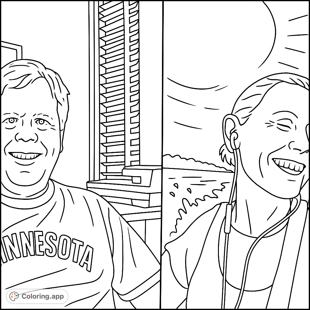 Explore a unique split-screen coloring page featuring a man indoors and a woman on the water, both smiling. A versatile scene for all ages.