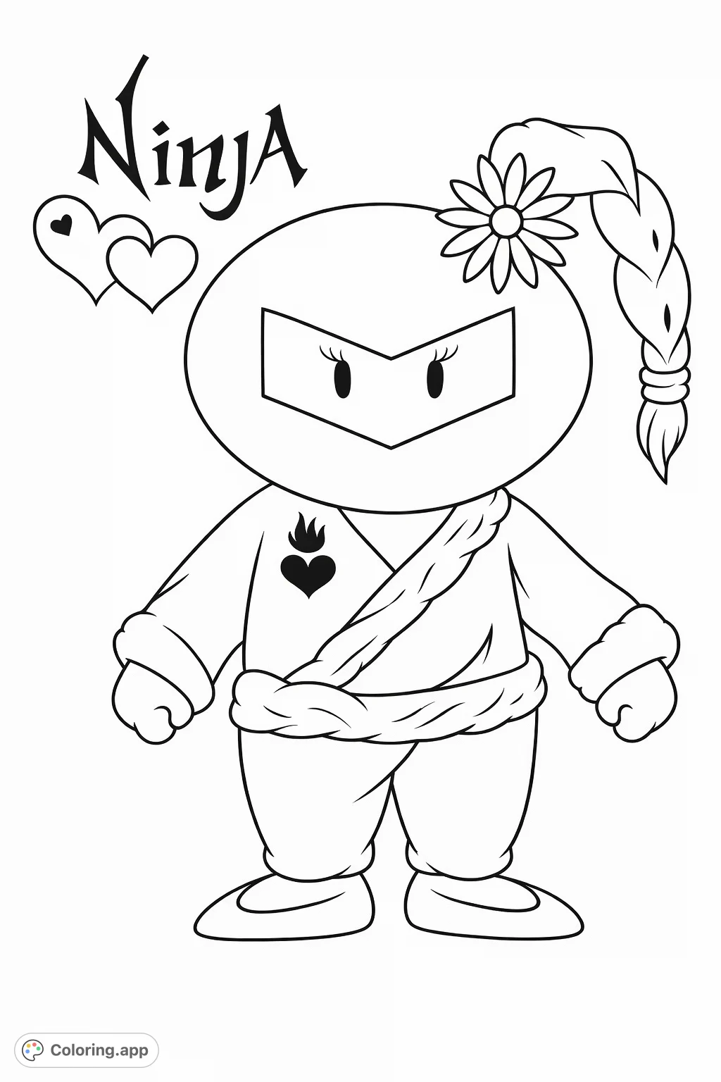 A charming ninja character with a flower-adorned braid and traditional uniform, perfect for a fun coloring adventure.