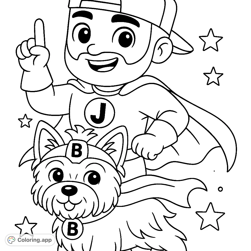 Join a dynamic superhero and his loyal canine sidekick on an adventure! This fun, free printable superhero coloring page is perfect for all ages.