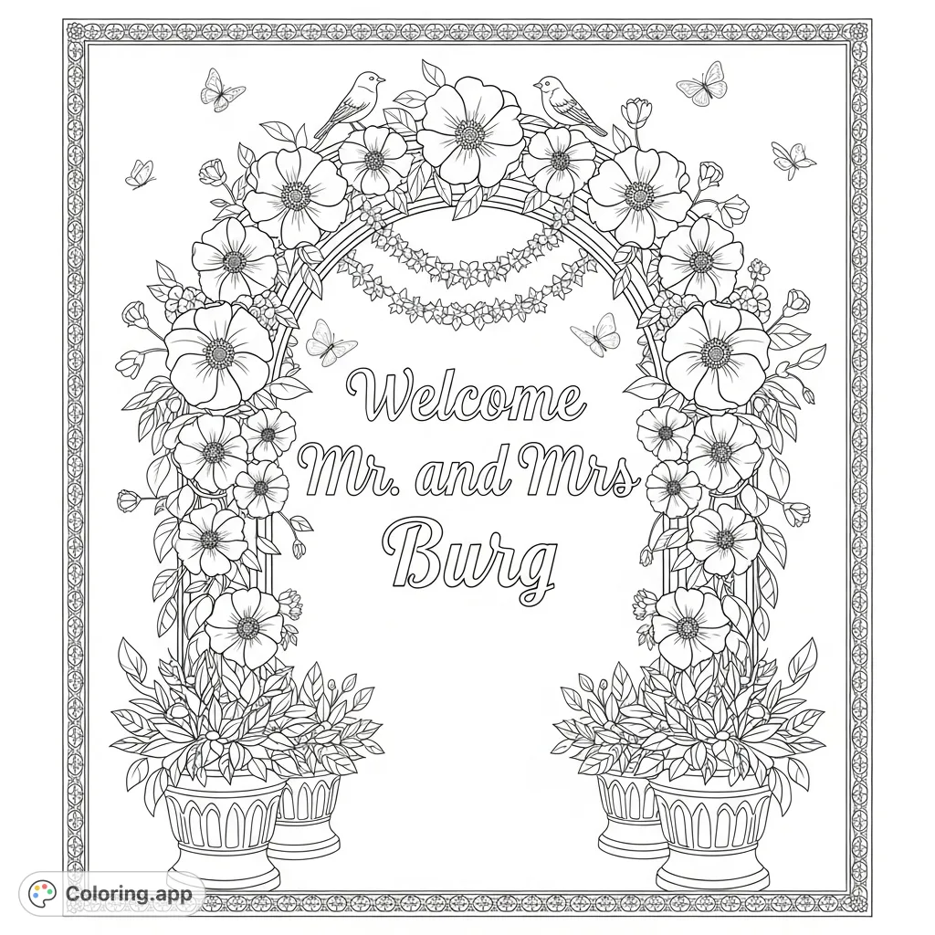 An inviting coloring page featuring a grand archway with 'Welcome Mr. and Mrs. Burg' text, surrounded by intricate floral garlands and delicate creatures.