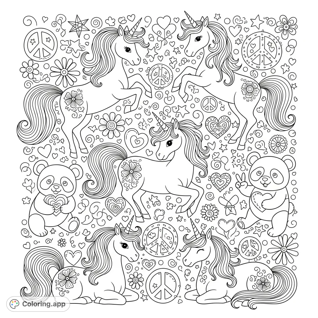 Dive into a magical world with this whimsical fantasy coloring page featuring cute unicorns, playful pandas, and a vibrant array of flowers, hearts, and peace signs.