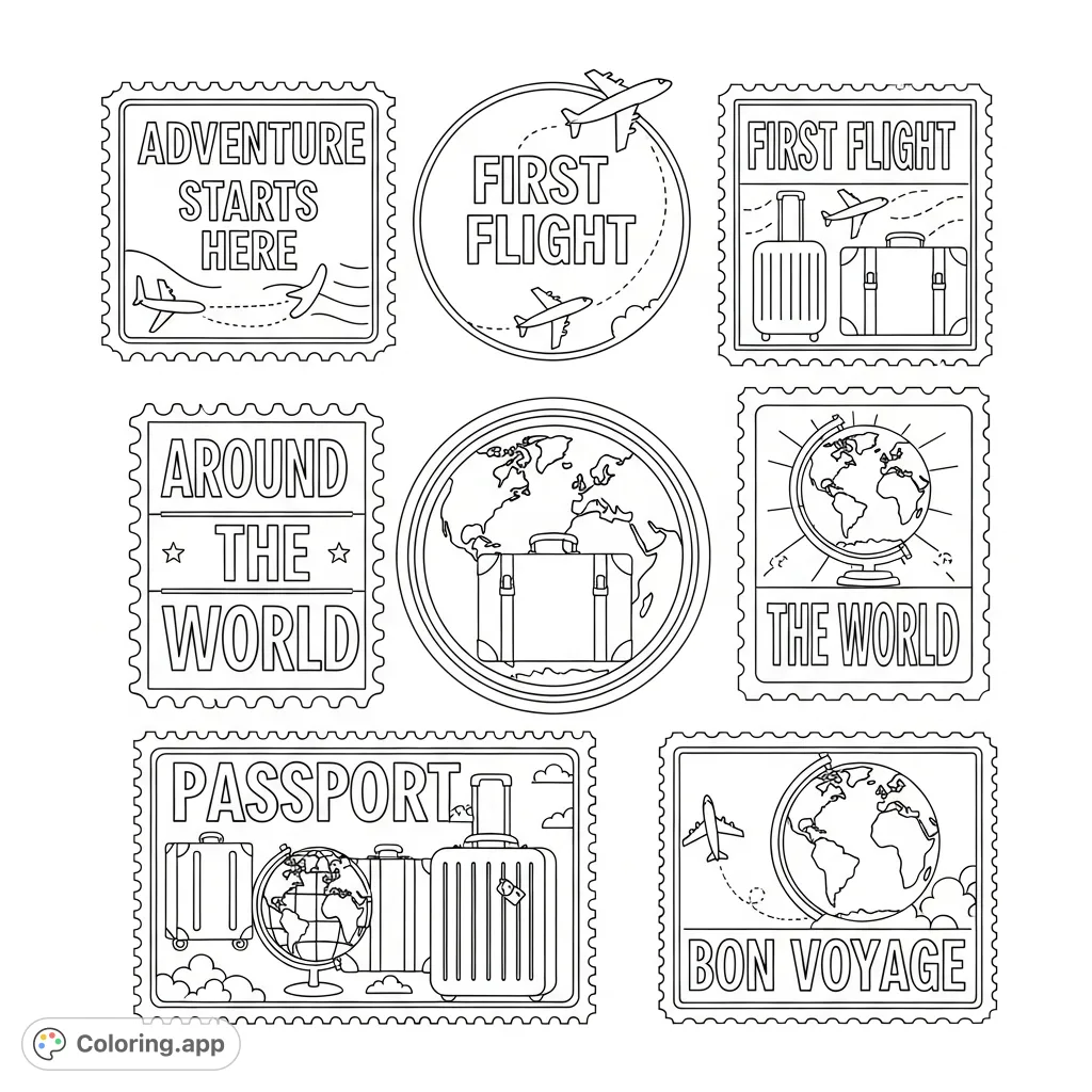 Embark on a creative journey with this free printable passport stamp coloring page! Features bold, easy-to-color travel designs and fun phrases.