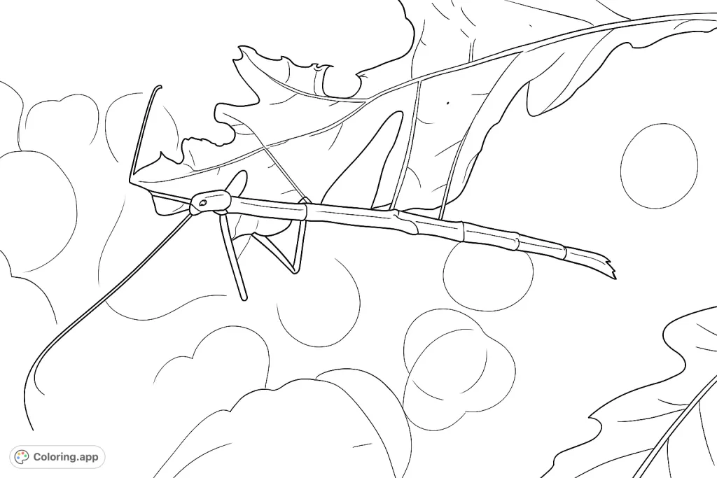Discover a fascinating stick insect camouflaged on a leaf. A detailed nature coloring page perfect for exploring textures and natural forms.