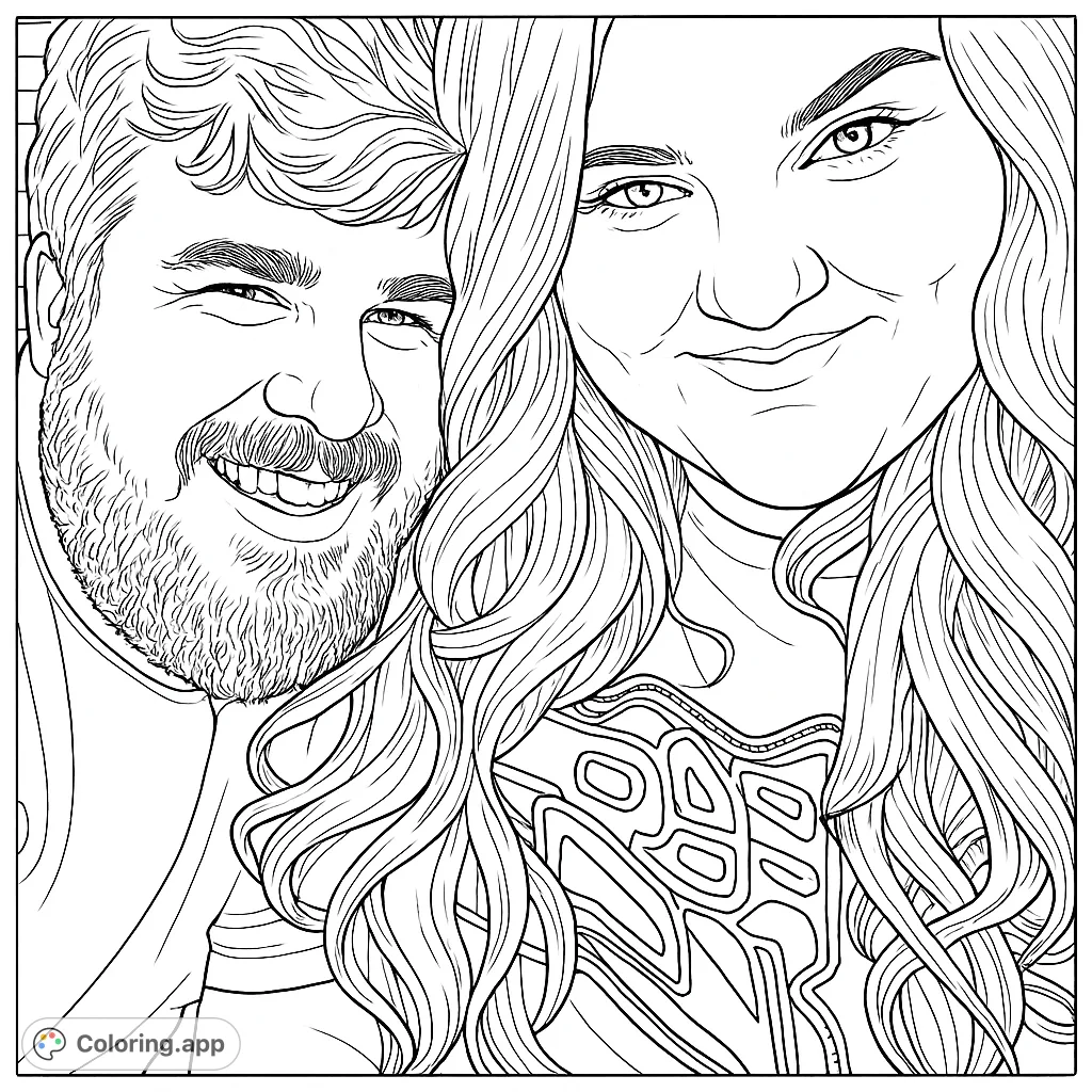 Capture the joy of connection with this smiling couple portrait coloring page. Features detailed hair, facial expressions, and clothing for a personalized touch.