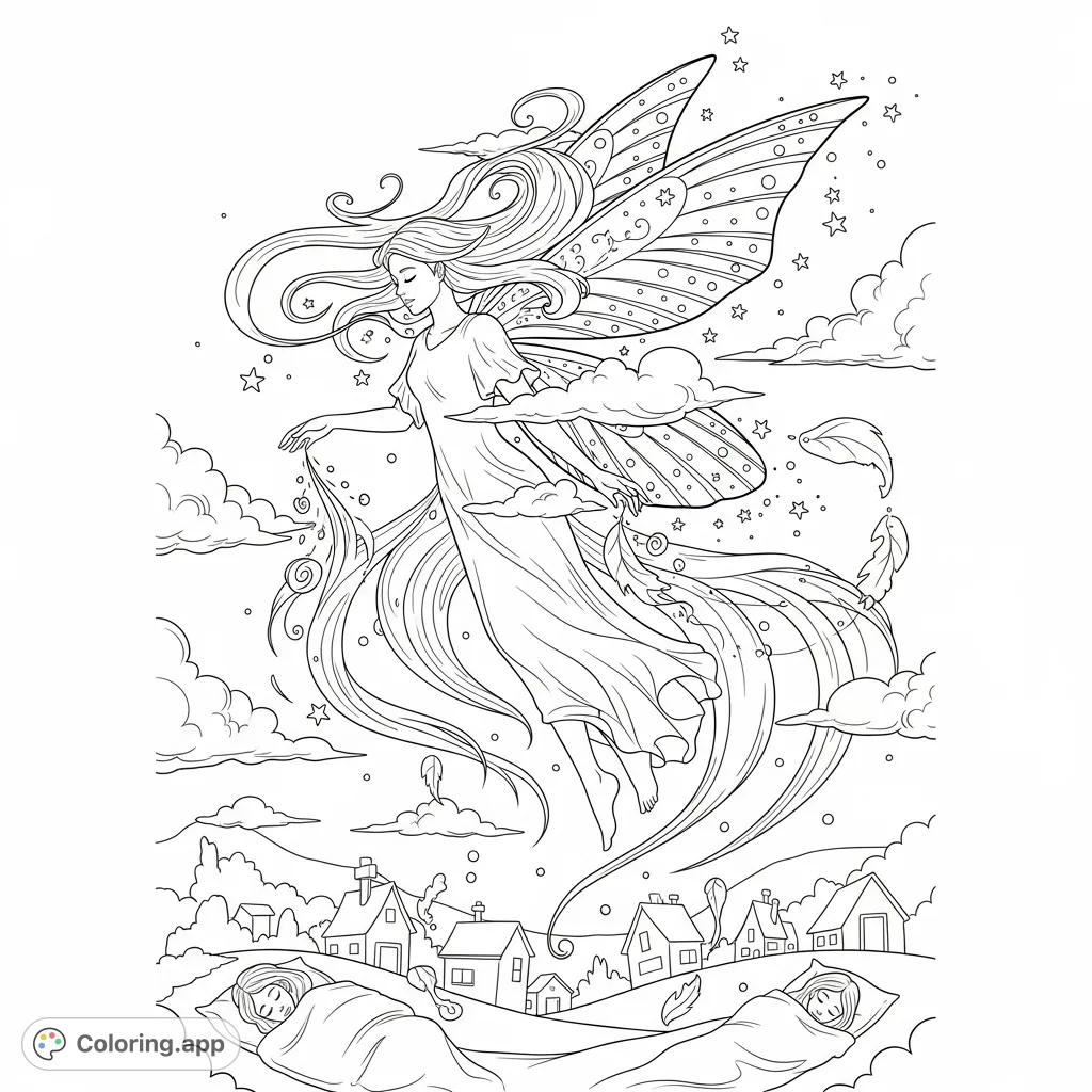 Float into a magical night with the Dream Weaver, a graceful fairy figure bringing dreams to a sleeping world. Intricate wings, swirling clouds, and stars await your colors.