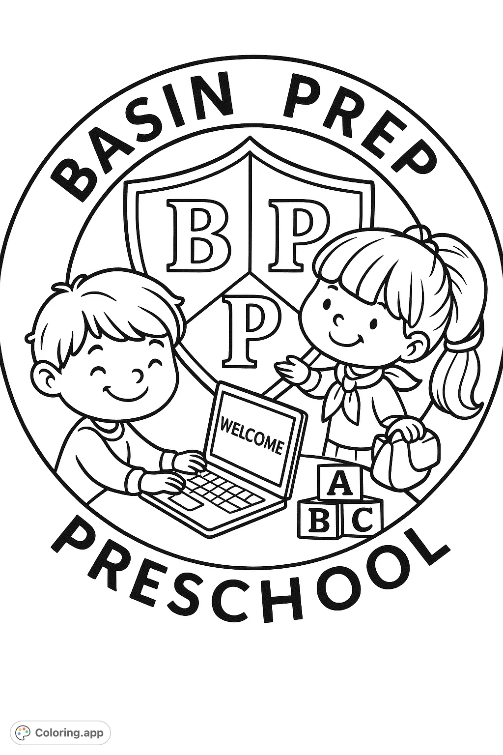 A delightful preschool coloring page featuring two happy children, a laptop, books, and alphabet blocks, all within a decorative emblem. Perfect for young learners.