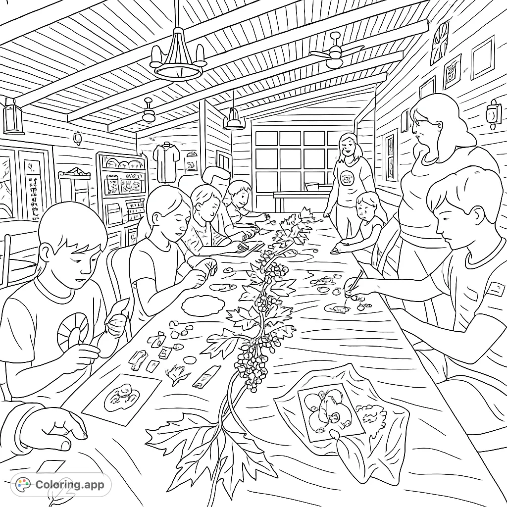 Join a cozy autumn craft gathering! Children and adults create together at a rustic table adorned with fall leaves, perfect for a heartwarming coloring experience.