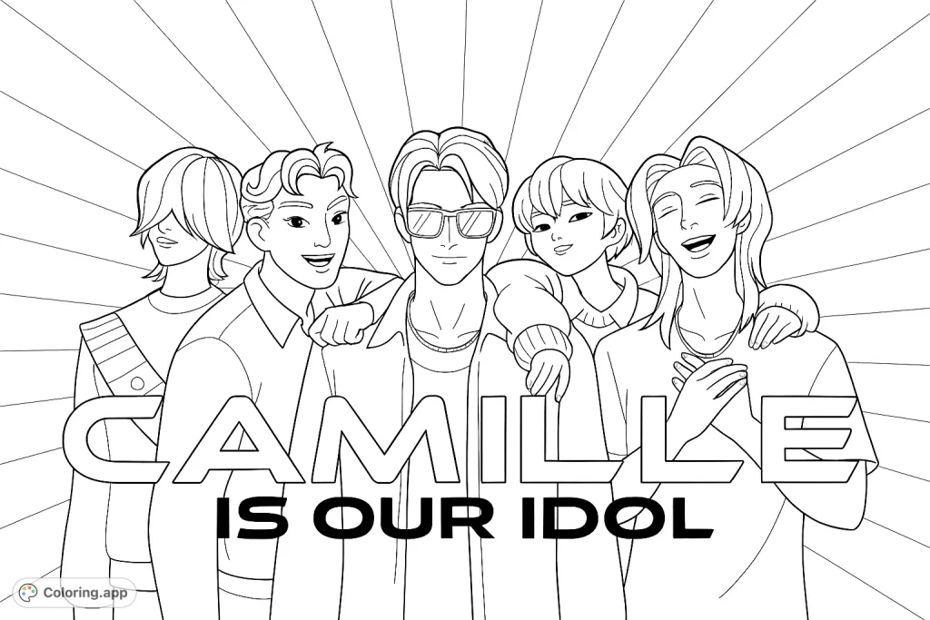 Color a vibrant scene featuring five stylish pop idol characters with unique hairstyles and fashionable outfits against a dynamic radial background.