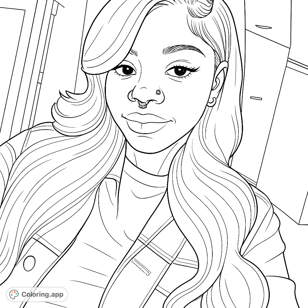 A captivating portrait featuring a person with long, flowing wavy hair and unique facial piercings, offering a modern and expressive coloring experience.