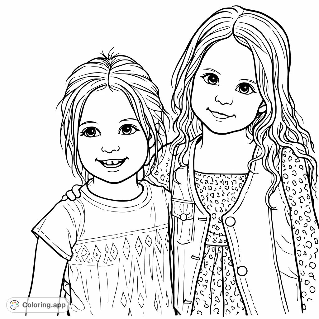 A delightful cartoony coloring page featuring two young girls with expressive smiles, one in a patterned top, the other in a patterned dress and denim vest.