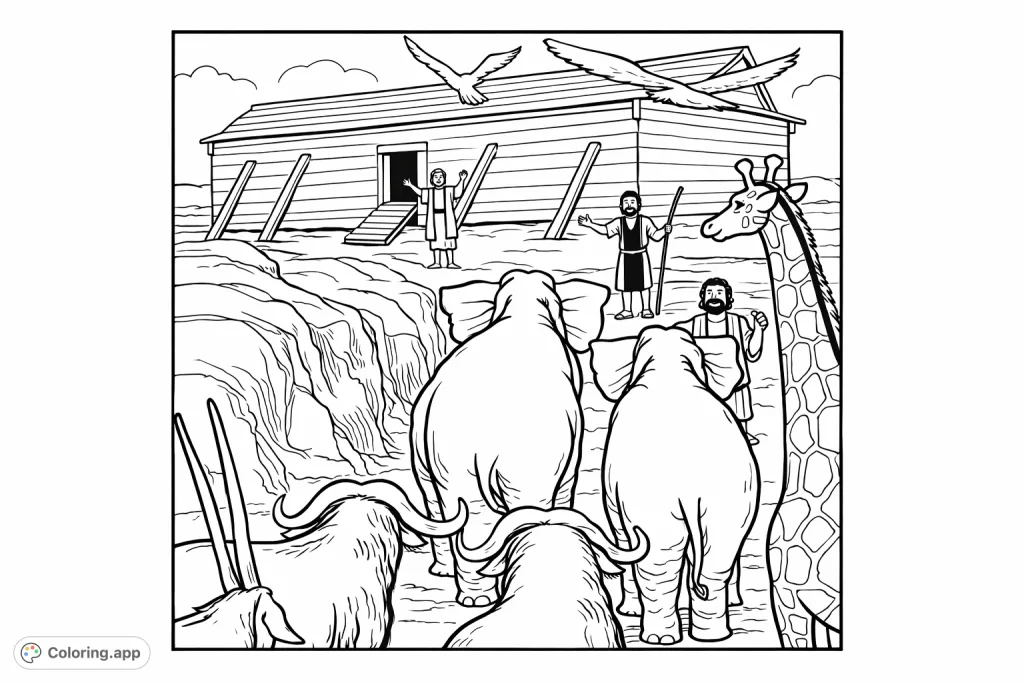 Witness the grand procession to Noah's Ark, featuring elephants, giraffes, and more. A cartoony biblical scene for creative coloring fun!