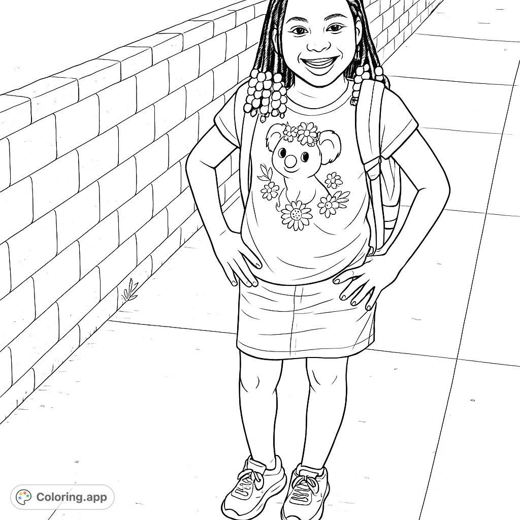 A cheerful girl with a koala shirt and backpack stands ready for adventure. Perfect for young artists to bring to life with their favorite colors.