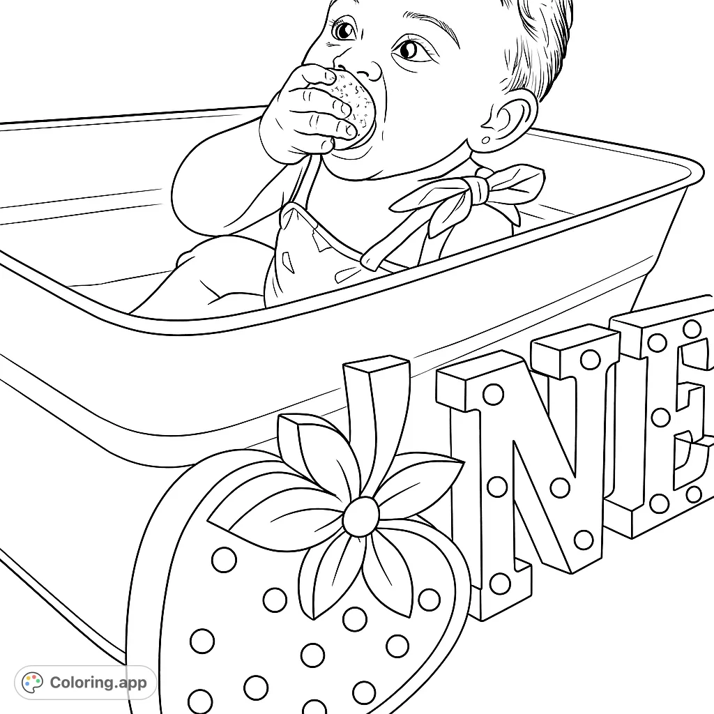 Adorable baby enjoying a berry in a tub, surrounded by festive 'ONE' letters and a decorative fruit. A sweet celebration scene.