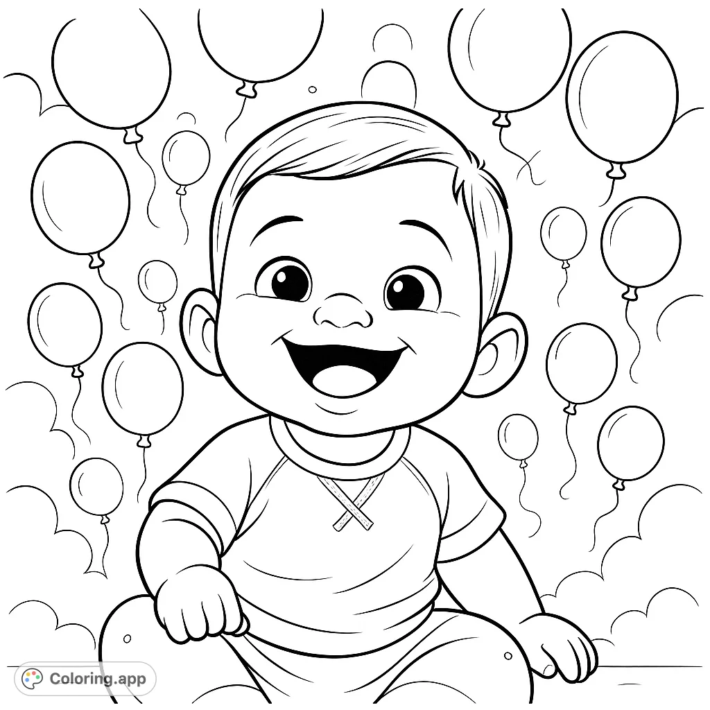 A delightful coloring page featuring a joyful baby surrounded by floating balloons, perfect for celebrating innocence and happiness. A charming scene for all ages.