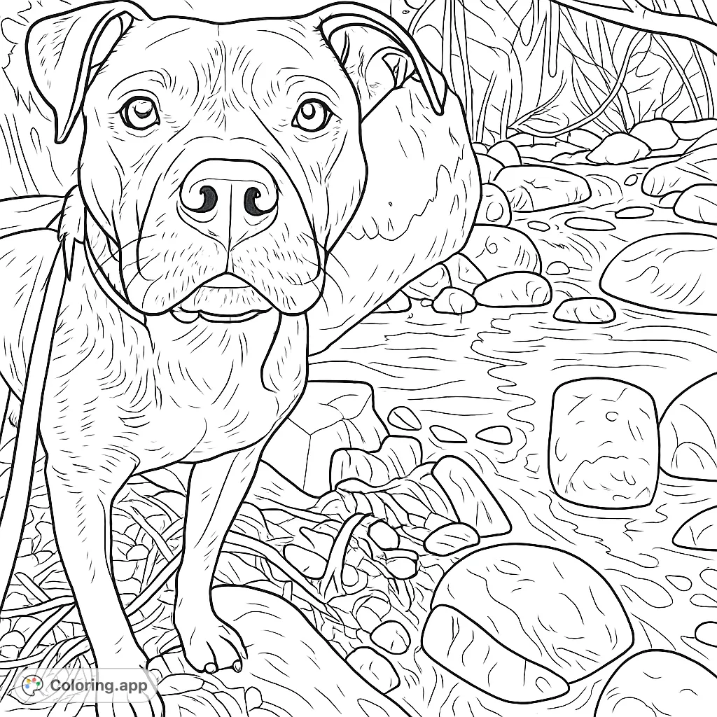 Capture the serene moment of a loyal dog exploring a rocky stream. This dog by stream coloring page offers a peaceful nature scene for all ages.