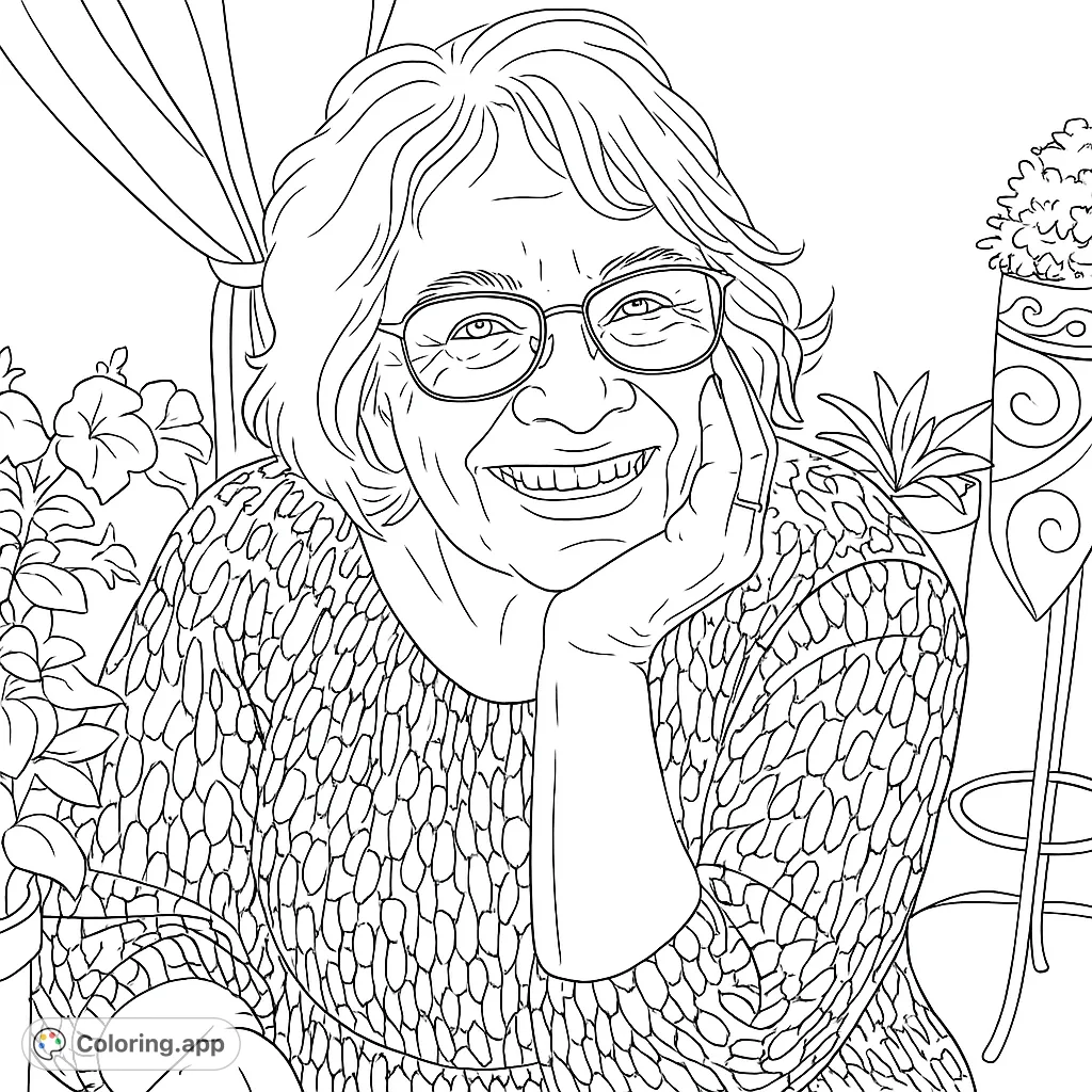 A heartwarming portrait of a smiling woman with glasses, her hand gently resting on her chin, surrounded by subtle floral and plant details.