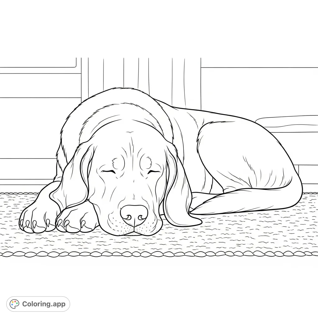 A heartwarming free printable big dog coloring page featuring a large, peaceful dog sound asleep on a cozy rug. Perfect for animal lovers and relaxation.