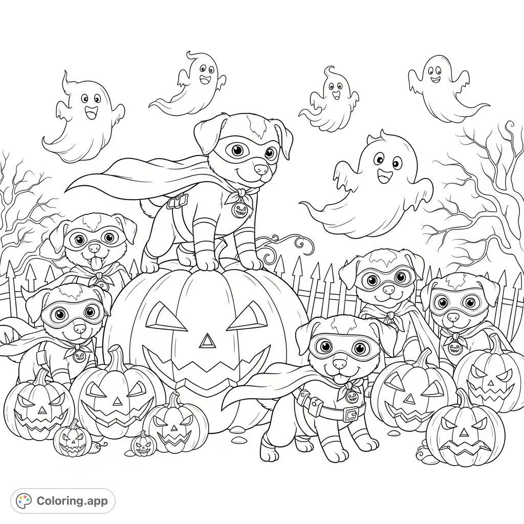 Join adorable superhero puppies on a spooky Halloween adventure! This fun coloring page features costumed pups, carved pumpkins, and friendly ghosts.