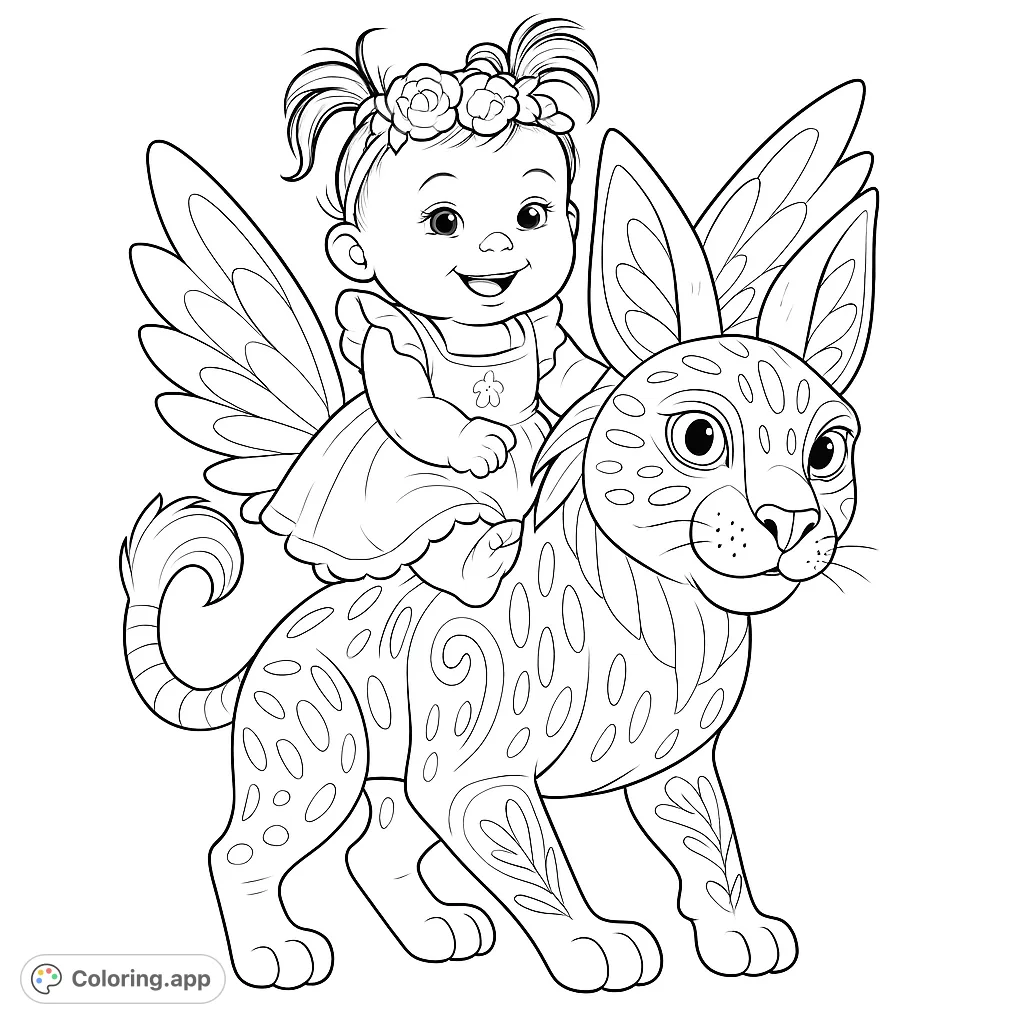 A joyful baby rides a fantastical, patterned creature with wings and a friendly smile. Perfect for imaginative coloring adventures!